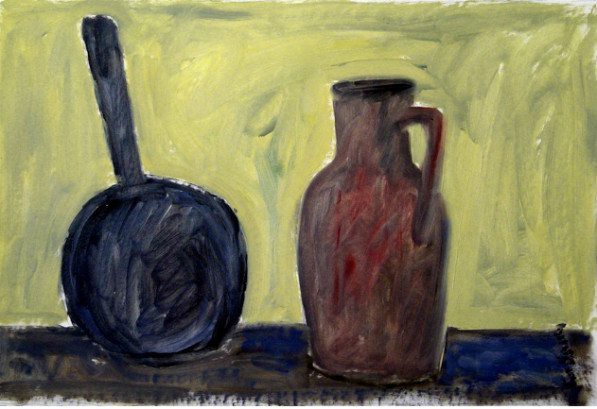 Pan and pitcher on a yellow background