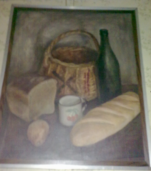 Still life with basket, bread, and bottle