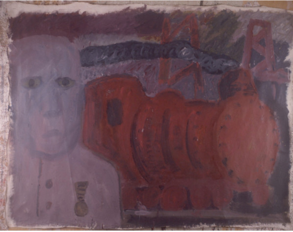 Red locomotive, figure on left with medal 