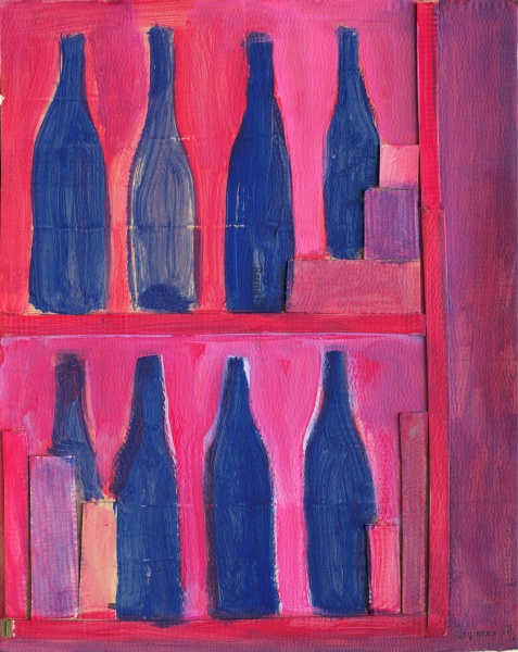 Темно-синие бутылки на розовом фоне