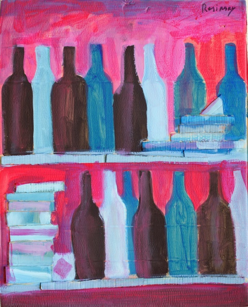 Голубые бутылки на красном фоне