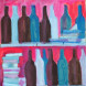 Blue bottles on a red background