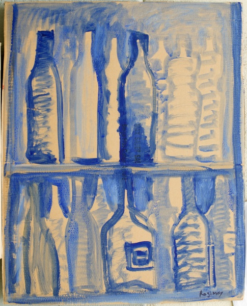 Blue bottles on beige background