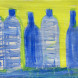 Plastic bottles with blue caps on a yellow background