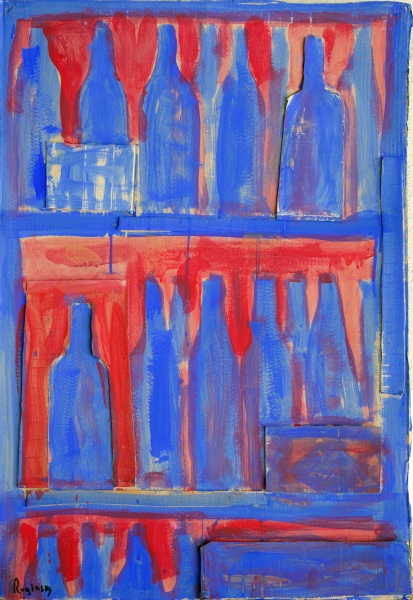 Shelf with blue bottles on a red background