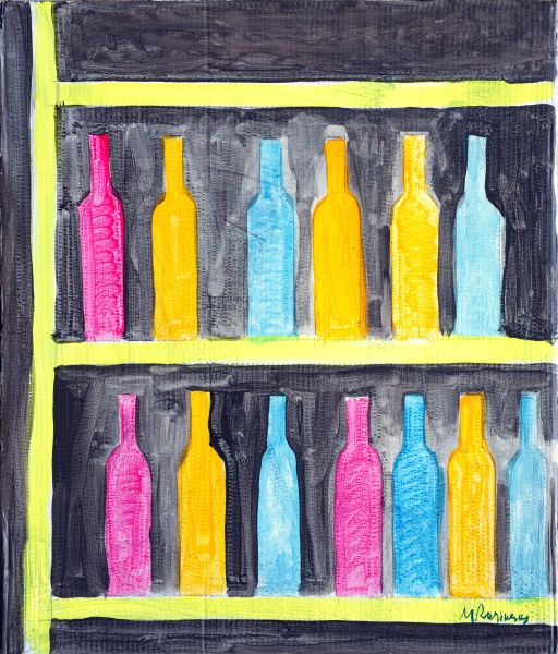 Yellow shelf with bottles on a black background
