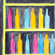 Yellow shelf with bottles on a black background