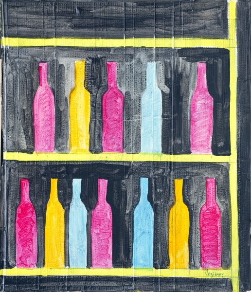 Multicolored bottles on a black background