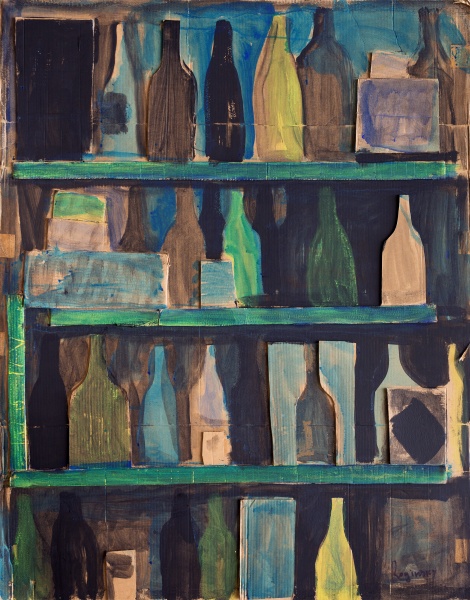 Bottles on green shelves