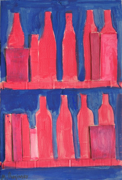 Red bottles on blue background