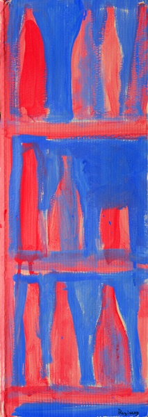 Полка с красными бутылками на синем фоне