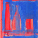 Shelf with red bottles on a blue background
