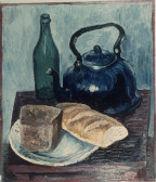 Still life with tea kettle, bottle and bread