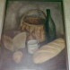 Still life with basket, bread, and bottle