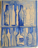 Blue bottles on beige background