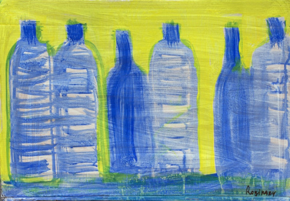 Plastic bottles with blue caps on a yellow background