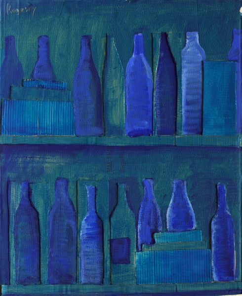 Blue bottles on a green background