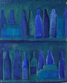 Blue bottles on a green background