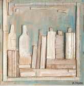 Beige bottles on a pale-blue background