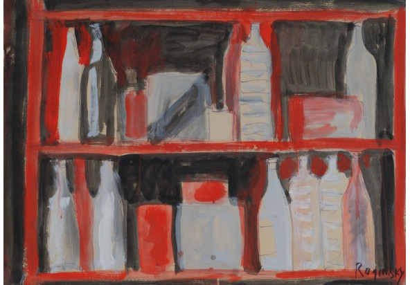 Bottles on the shelves. 1998. Cardboard, acrylic, 75,5×106